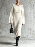 Chic Elegant Cream White Round-Neck Long-Flare-Sleeve Raw Edge Detail Patch Pockets Detail A-Line Knit Midi Dress