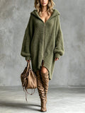 Chic Casual Army Green Hooded Collar Long-Sleeve Zipper-Placket Asymmetrical Hem Oversize Knit Midi Dress