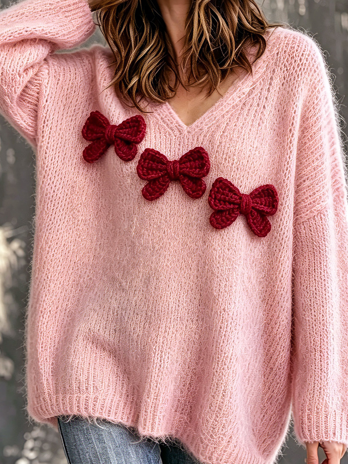 Chic Elegant Pink V-Neck Dropped Shoulder Long-Sleeve Butterfly Knots Detail Loose-Fit Fuzzy Knit Sweater