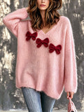 Chic Elegant Pink V-Neck Dropped Shoulder Long-Sleeve Butterfly Knots Detail Loose-Fit Fuzzy Knit Sweater