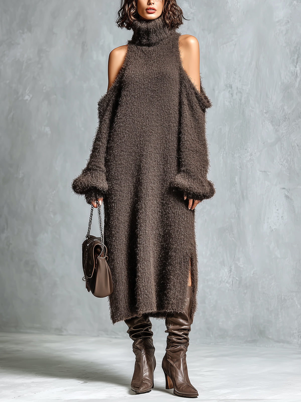 Chic Elegant Brown Turtleneck Cold-Shoulder Long-Sleeve Side Slit Detail Loose-Fit Soft Knit Midi Dress