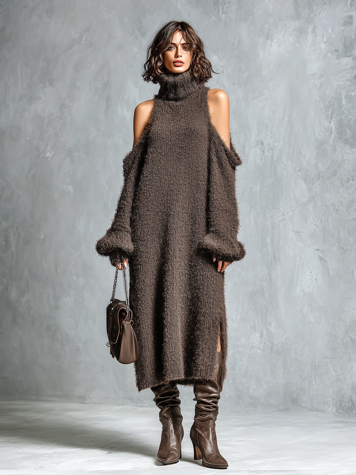 Chic Elegant Brown Turtleneck Cold-Shoulder Long-Sleeve Side Slit Detail Loose-Fit Soft Knit Midi Dress