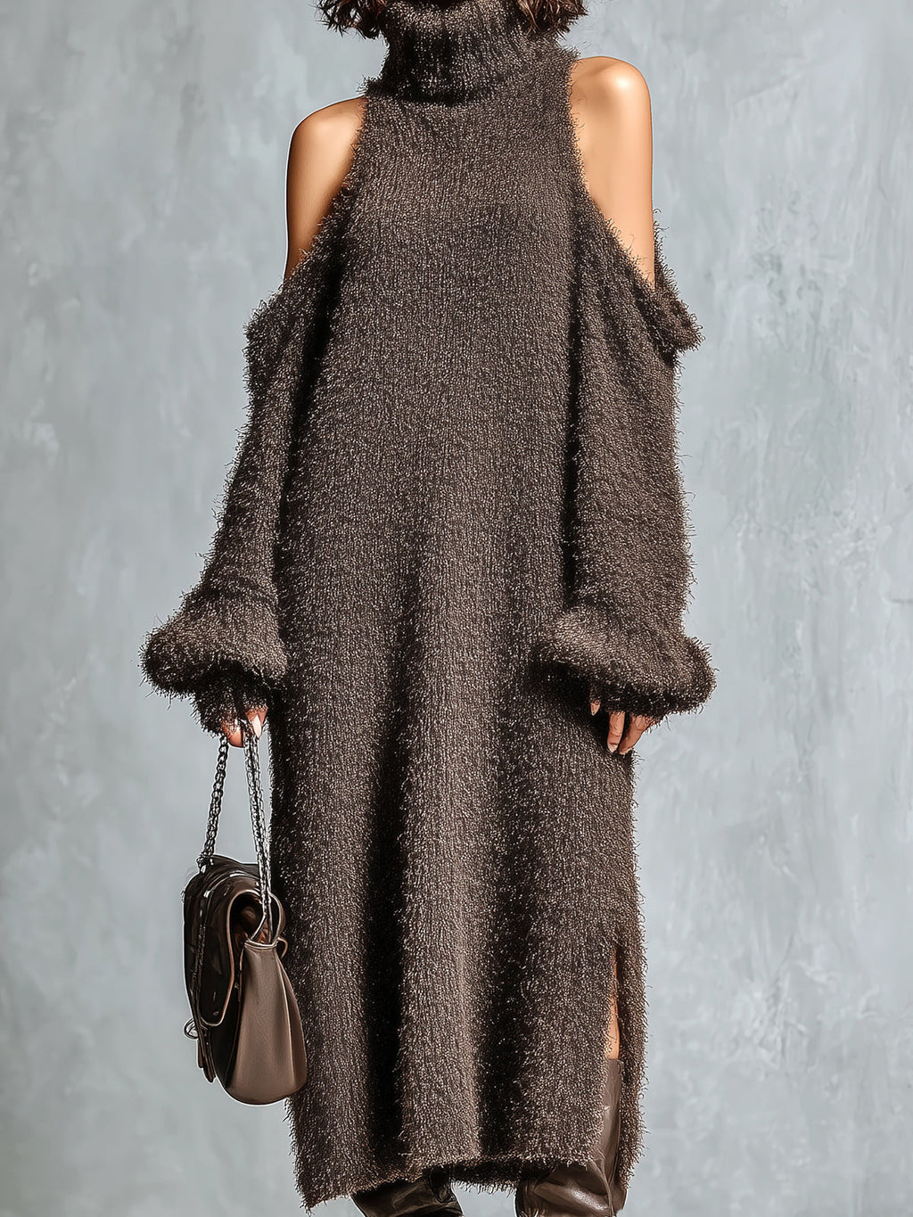 Chic Elegant Brown Turtleneck Cold-Shoulder Long-Sleeve Side Slit Detail Loose-Fit Soft Knit Midi Dress