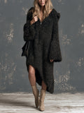 Chic Elegant Black Zipper-Up Hooded Collar Long-Flare-Sleeve Asymmetrical Hem Oversize Warm Knit Midi Dress