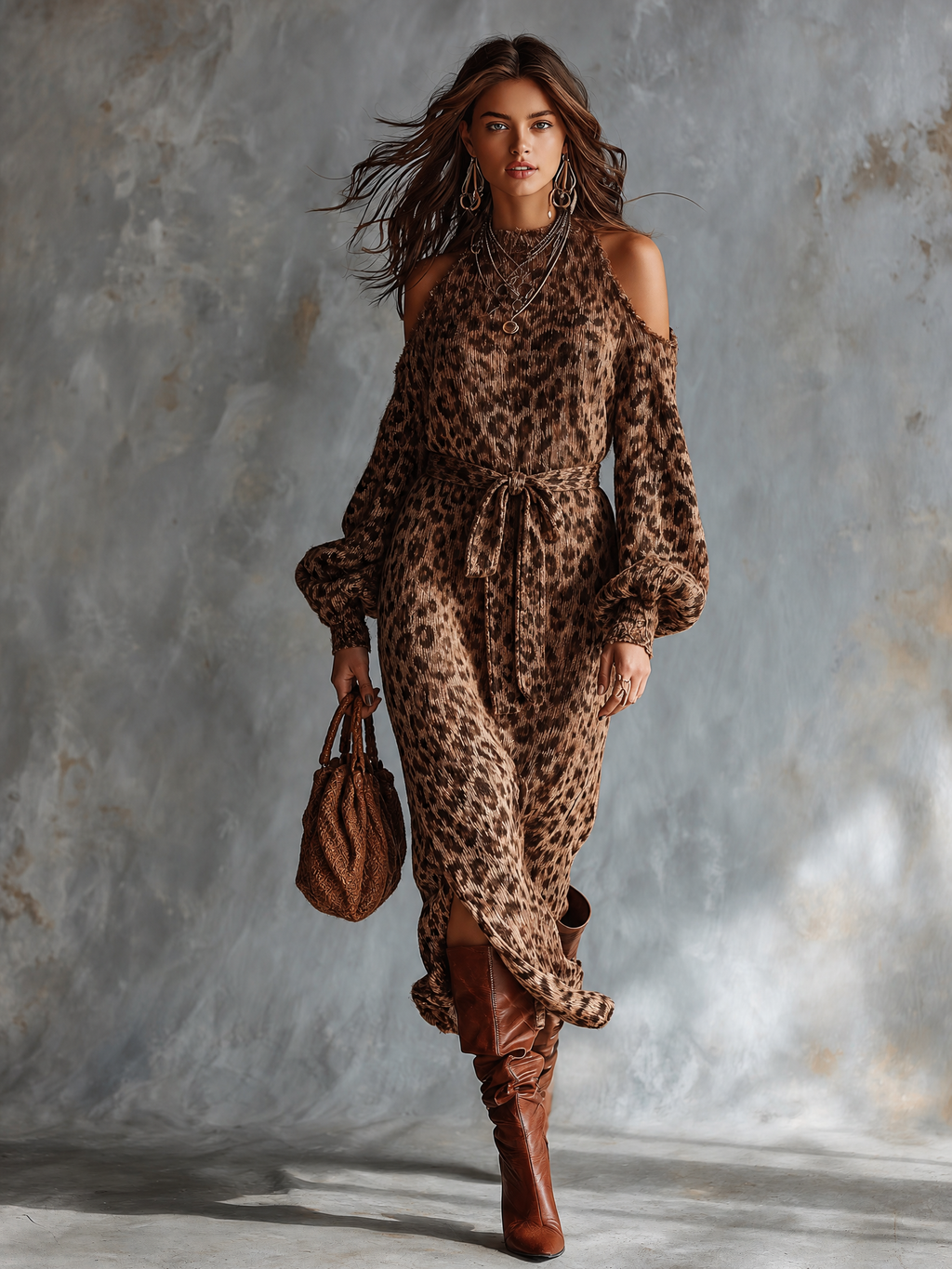 Chic Elegant Brown Leopard Jacquard Cold‑Shoulder Raw Edge High Neck Long-Sleeve Loose-Fit Waist Belt Side Slit Knit Midi Dress