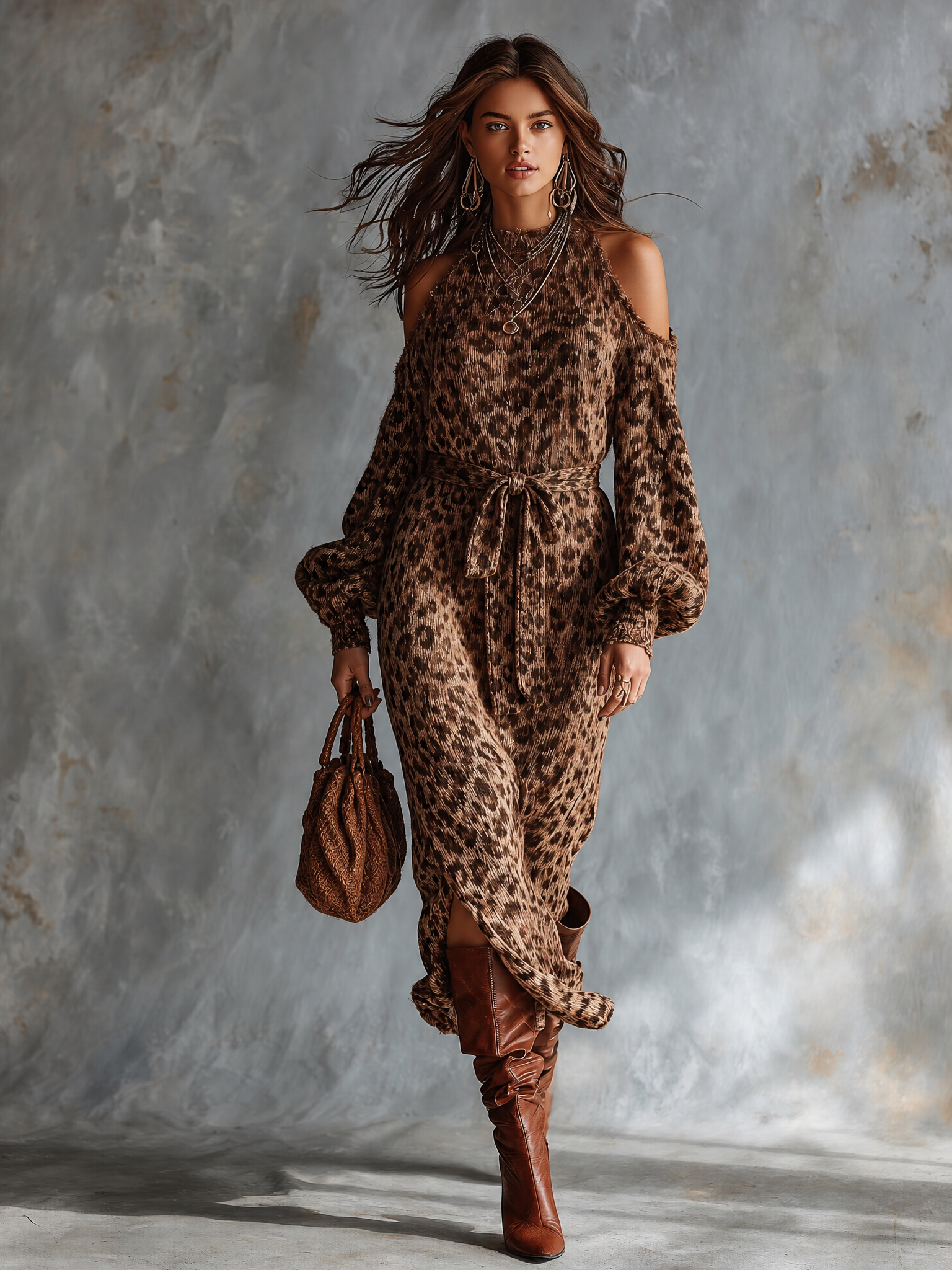Chic Elegant Brown Leopard Jacquard Cold‑Shoulder Raw Edge High Neck Long-Sleeve Loose-Fit Waist Belt Side Slit Knit Midi Dress