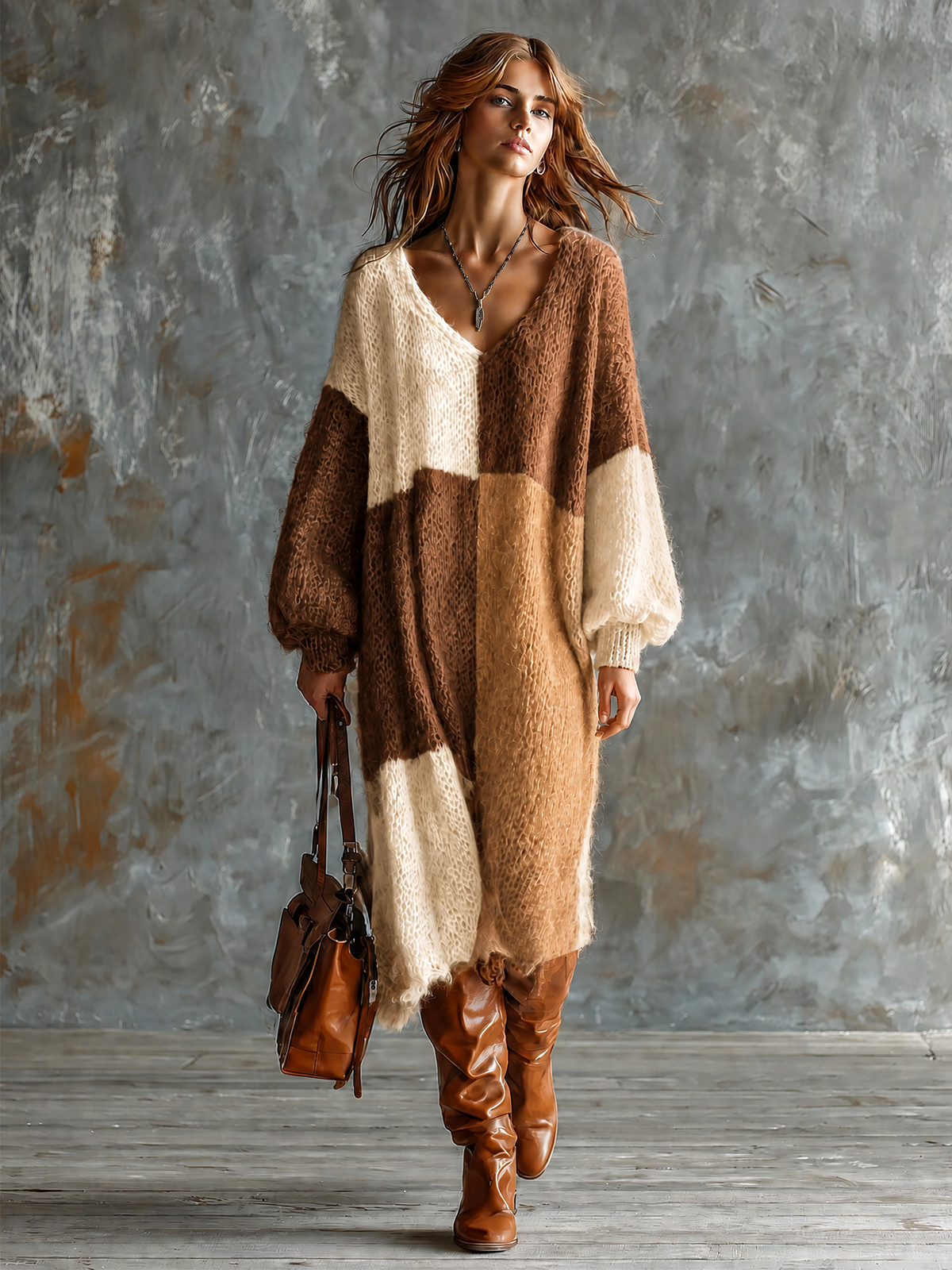 Chic Elegant Brown-Camel-Off White Colorblock V-Neck Long-Sleeve Loose-Fit Knit Midi Dress