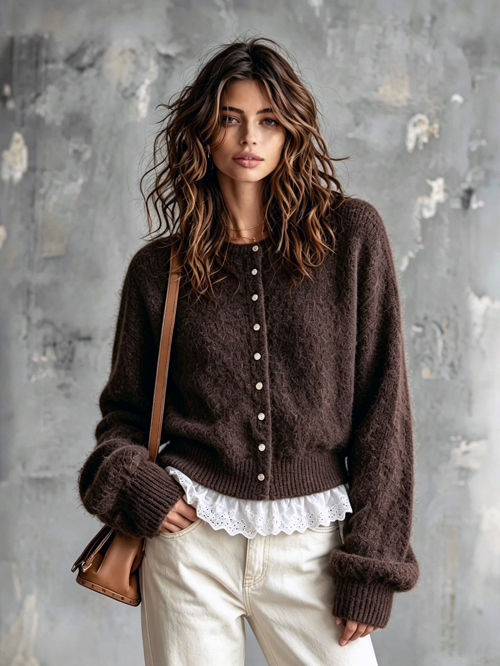 Chic Elegant Dark Brown Round-Neck Dropped Shoulder Long-Sleeve Single-Breasted Lace Trim Detail Knit Cardigan