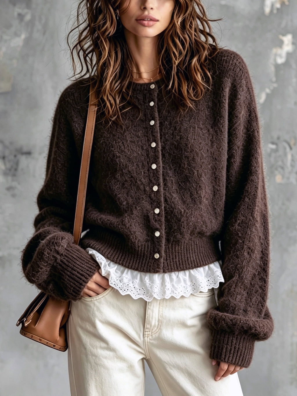 Chic Elegant Dark Brown Round-Neck Dropped Shoulder Long-Sleeve Single-Breasted Lace Trim Detail Knit Cardigan