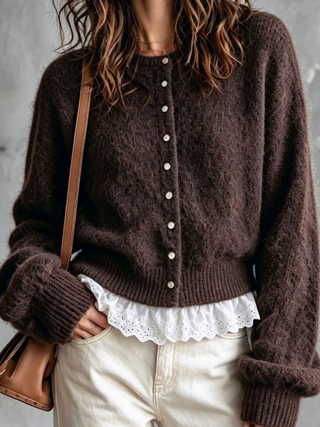 Chic Elegant Dark Brown Round-Neck Dropped Shoulder Long-Sleeve Single-Breasted Lace Trim Detail Knit Cardigan