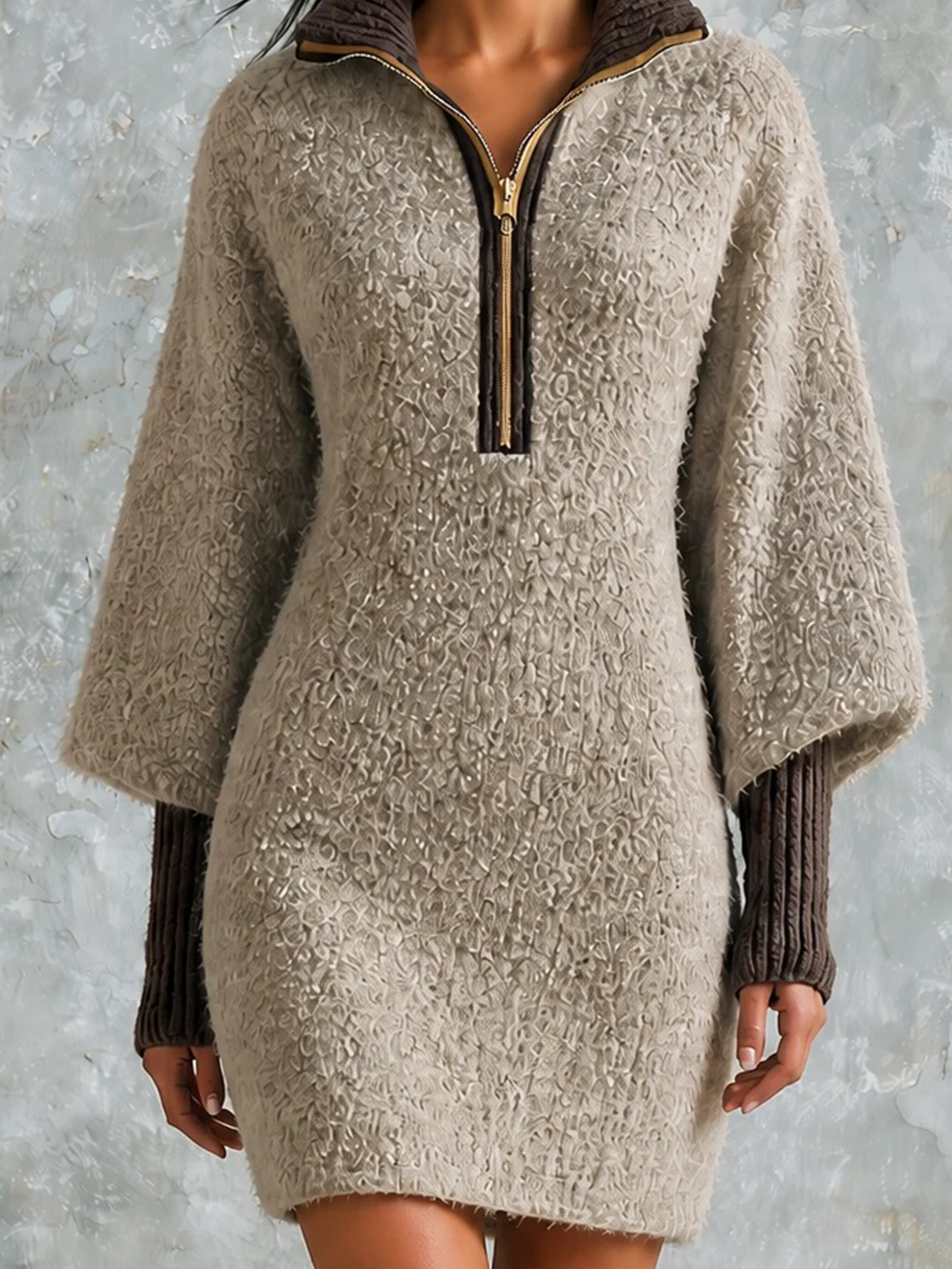 Chic Casual Taupe Beige Stand-Collar Half-Zipper Contrast Trim Long-Sleeve Slim-Fit Knit Mini Dress