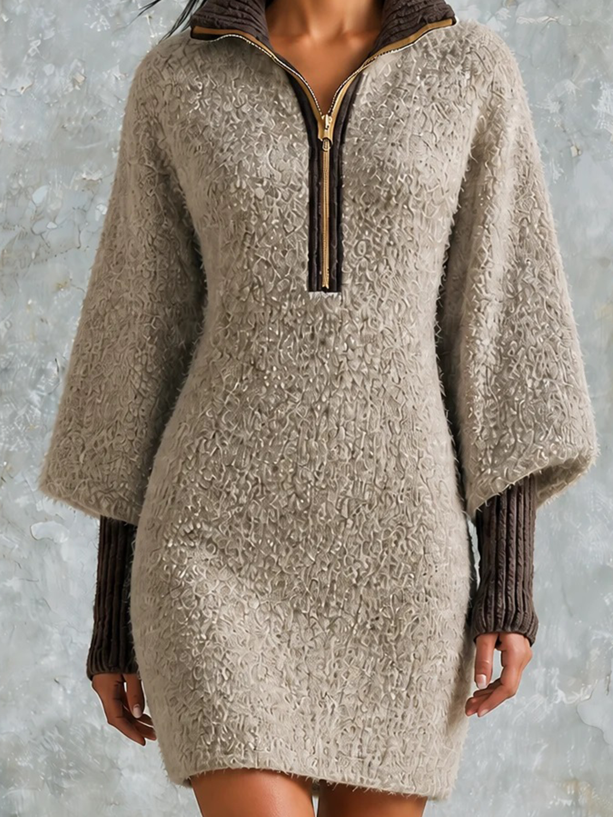Chic Casual Taupe Beige Stand-Collar Half-Zipper Contrast Trim Long-Sleeve Slim-Fit Knit Mini Dress