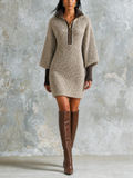 Chic Casual Taupe Beige Stand-Collar Half-Zipper Contrast Trim Long-Sleeve Slim-Fit Knit Mini Dress