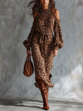 Chic Elegant Brown Leopard Jacquard Cold‑Shoulder Raw Edge High Neck Long-Sleeve Loose-Fit Waist Belt Side Slit Knit Midi Dress