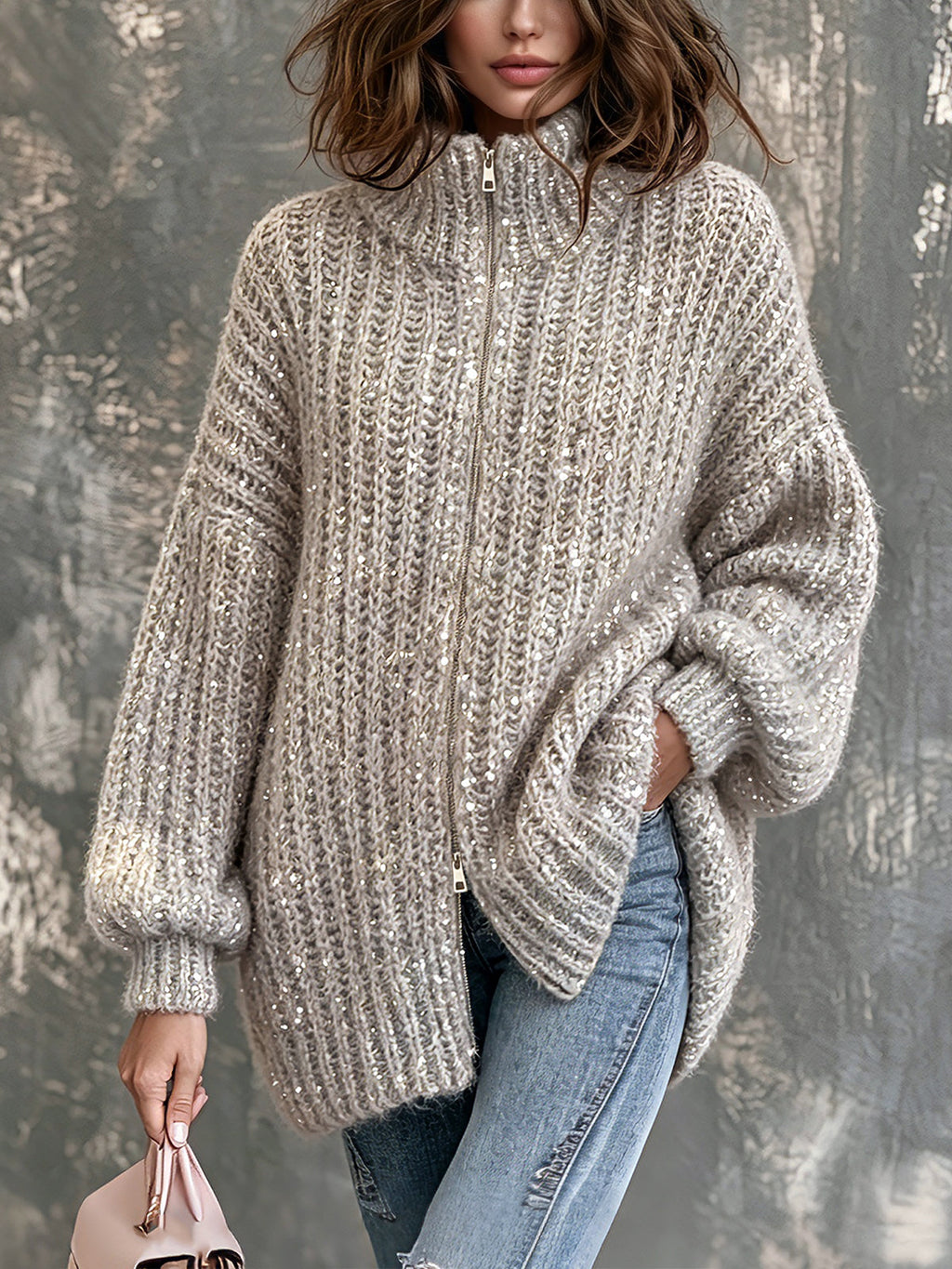 Chic Elegant Gray Sequins Stand Collar Zipper-Placket Dropped Shoulder Long-Lantern-Sleeve Loose-Fit Knit Cardigan