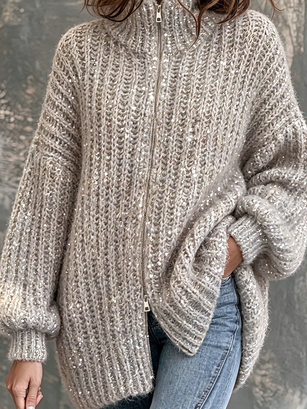 Chic Elegant Gray Sequins Stand Collar Zipper-Placket Dropped Shoulder Long-Lantern-Sleeve Loose-Fit Knit Cardigan