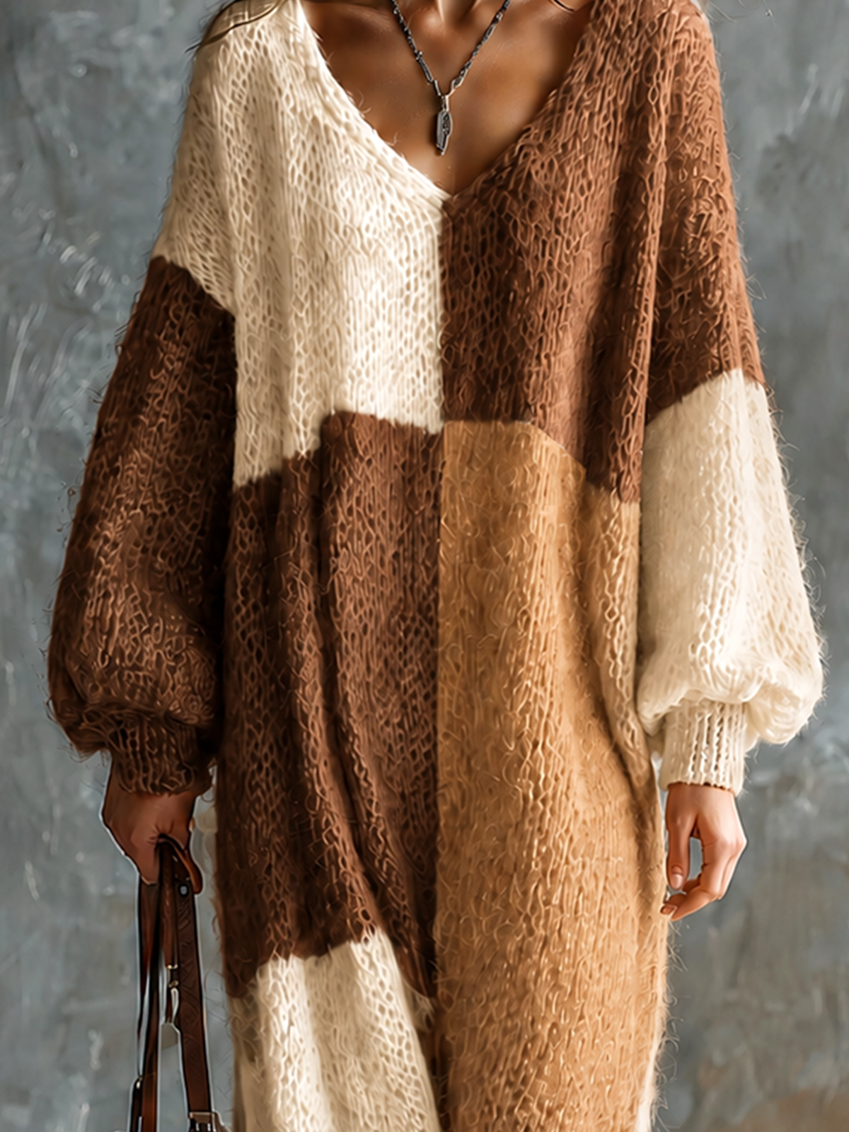 Chic Elegant Brown-Camel-Off White Colorblock V-Neck Long-Sleeve Loose-Fit Knit Midi Dress