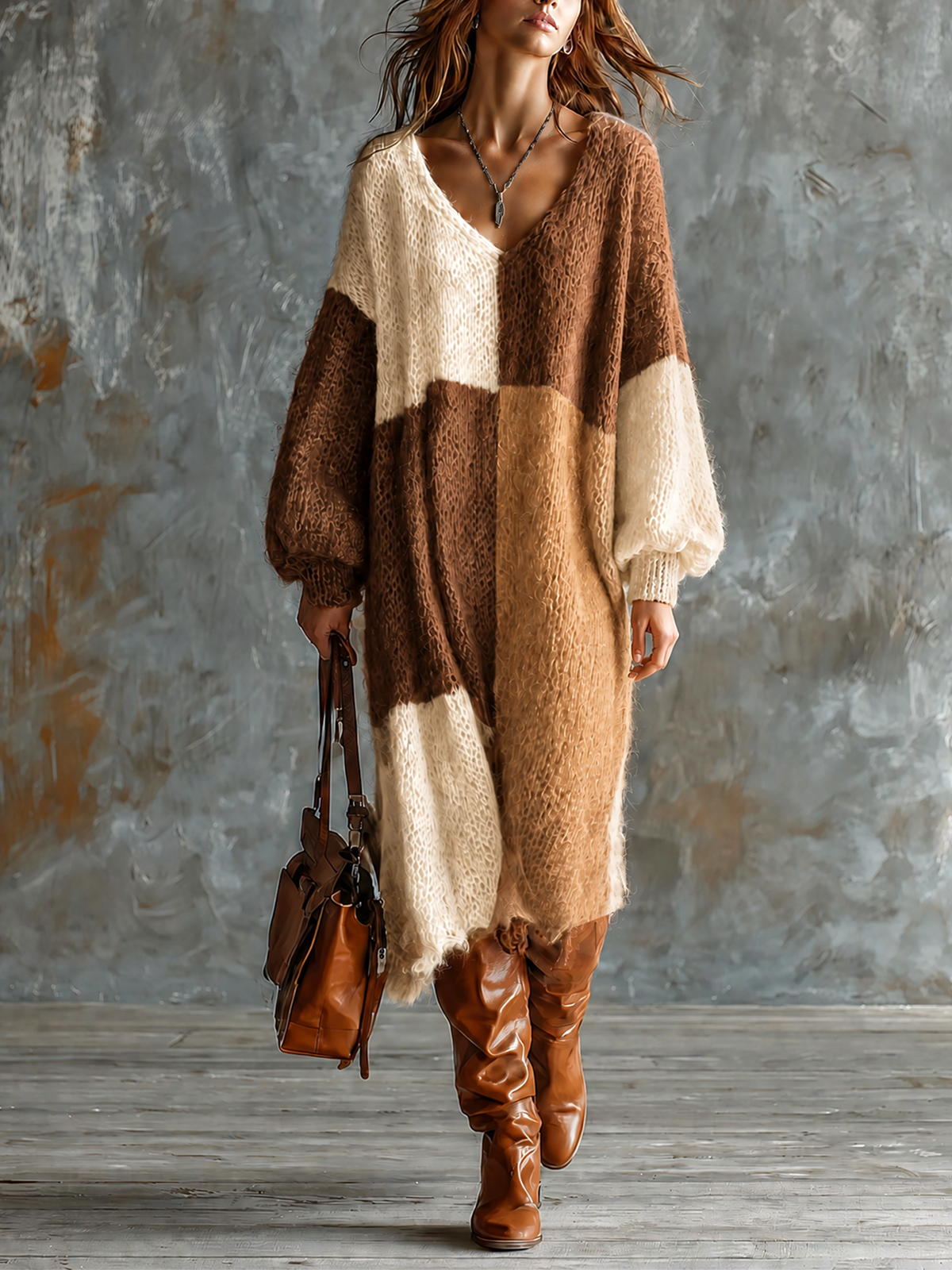 Chic Elegant Brown-Camel-Off White Colorblock V-Neck Long-Sleeve Loose-Fit Knit Midi Dress