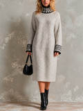 Chic Elegant Light Grey Turtleneck Contrast Trim Long-Sleeve Loose-Fit Knit Midi Dress