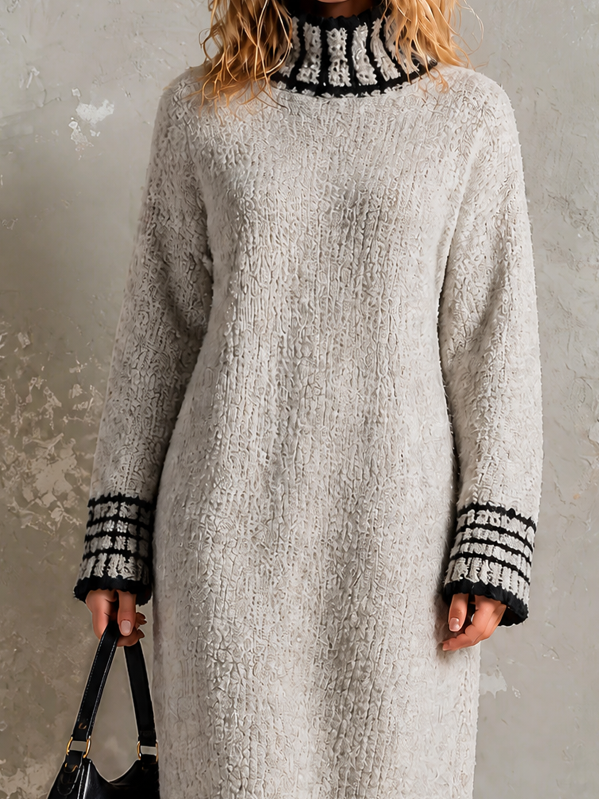 Chic Elegant Light Grey Turtleneck Contrast Trim Long-Sleeve Loose-Fit Knit Midi Dress