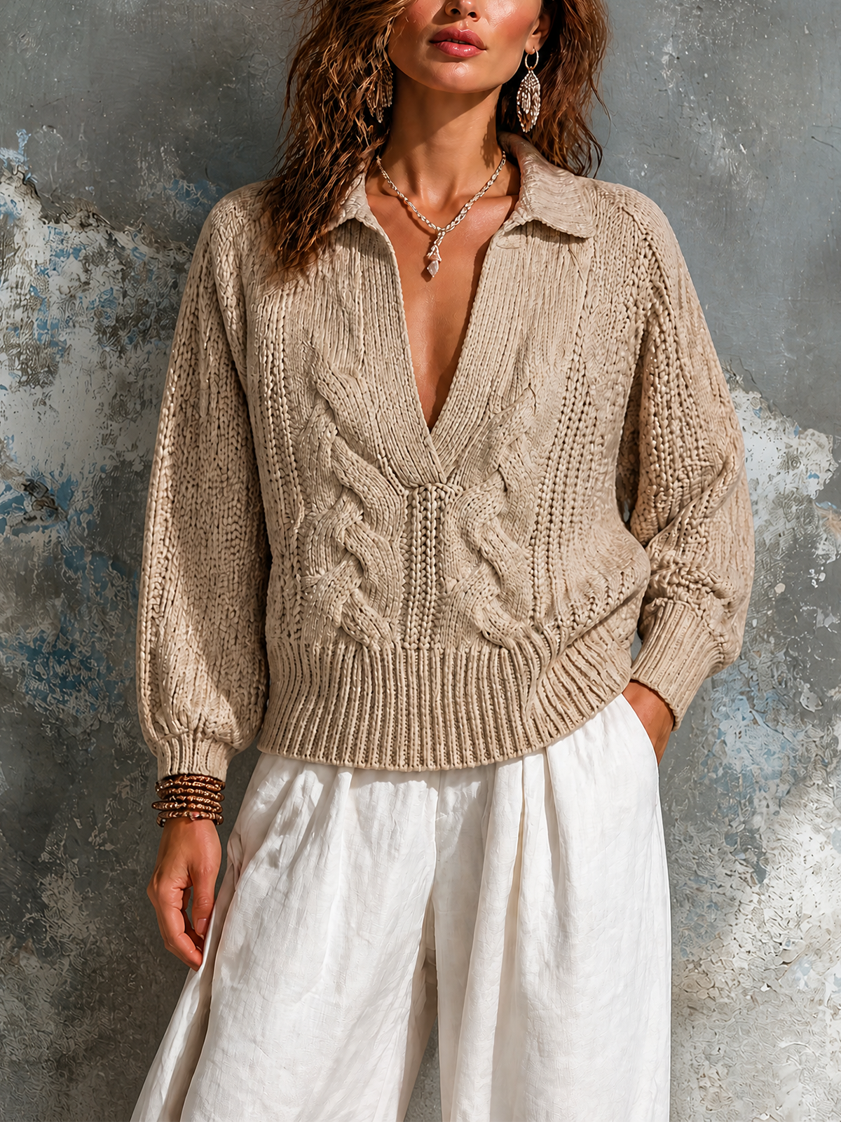 Chic Elegant Beige Lapel Collar V‑Neck Long-Sleeve Loose-Fit Cable Knit Sweater Top