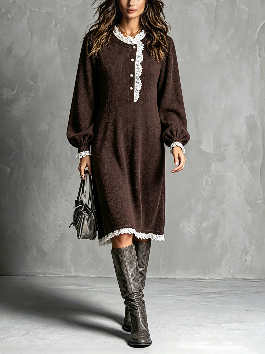 Chic Elegant Brown Round-Neck Long-Lantern-Sleeve Button-Front Lace Trim Detail Loose-Fit A-Line Knit Midi Dress