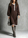 Chic Elegant Brown Round-Neck Long-Lantern-Sleeve Button-Front Lace Trim Detail Loose-Fit A-Line Knit Midi Dress