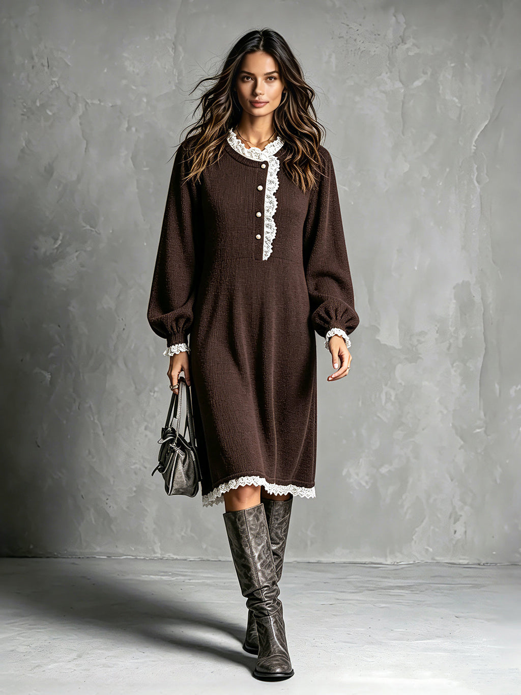 Chic Elegant Brown Round-Neck Long-Lantern-Sleeve Button-Front Lace Trim Detail Loose-Fit A-Line Knit Midi Dress