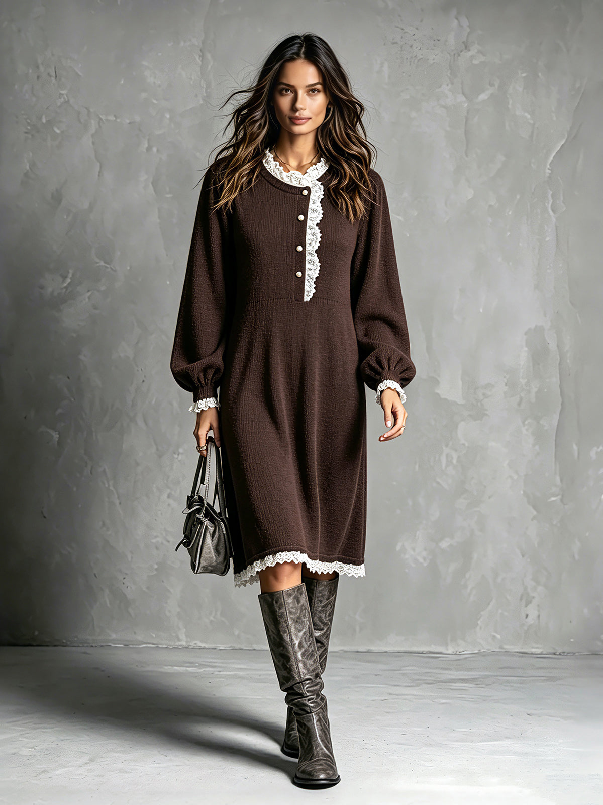 Chic Elegant Brown Round-Neck Long-Lantern-Sleeve Button-Front Lace Trim Detail Loose-Fit A-Line Knit Midi Dress