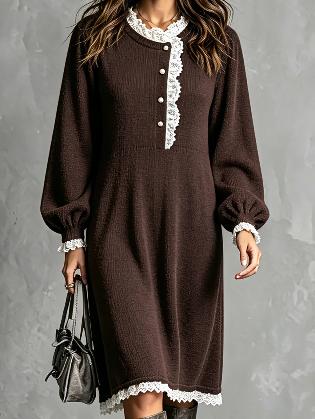 Chic Elegant Brown Round-Neck Long-Lantern-Sleeve Button-Front Lace Trim Detail Loose-Fit A-Line Knit Midi Dress
