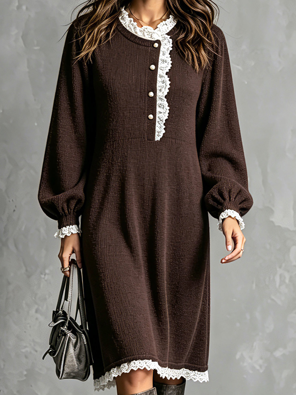Chic Elegant Brown Round-Neck Long-Lantern-Sleeve Button-Front Lace Trim Detail Loose-Fit A-Line Knit Midi Dress