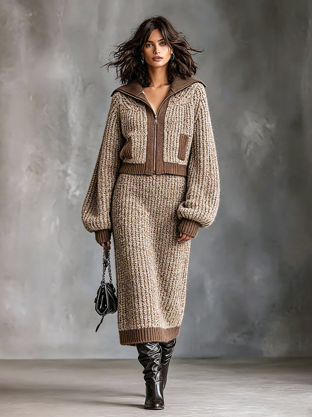 Chic Elegant Camel-Brown Colorblock Lapel Collar Long-Lantern-Sleeve Zipper-Front Cardigan Elasitc-Waist Midi Skirt Ribbed Knit Two-Piece Set