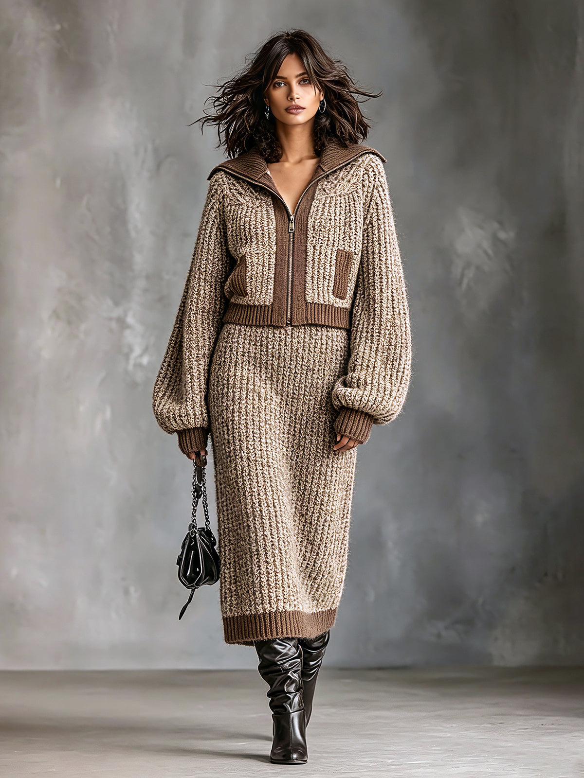 Chic Elegant Camel-Brown Colorblock Lapel Collar Long-Lantern-Sleeve Zipper-Front Cardigan Elasitc-Waist Midi Skirt Ribbed Knit Two-Piece Set