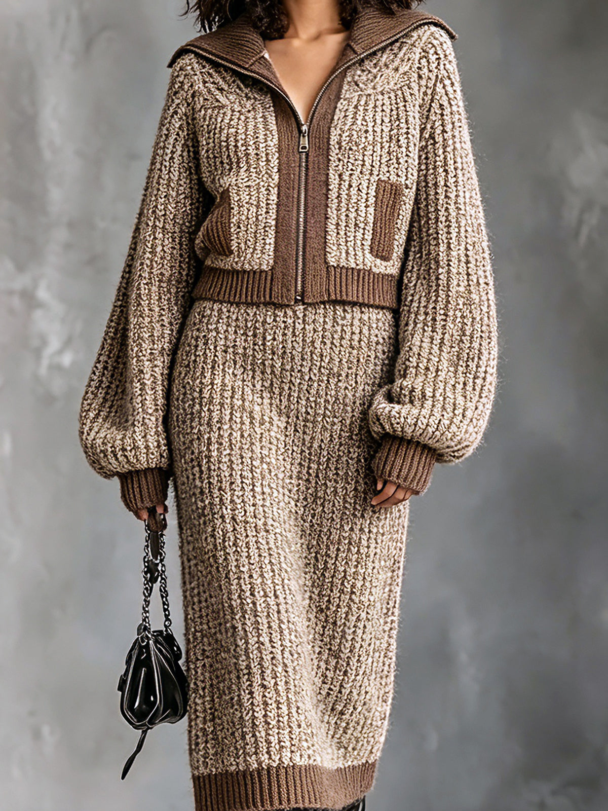 Chic Elegant Camel-Brown Colorblock Lapel Collar Long-Lantern-Sleeve Zipper-Front Cardigan Elasitc-Waist Midi Skirt Ribbed Knit Two-Piece Set