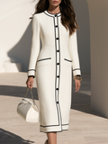 Elegant Contrast Trim Long Sleeve Tweed Midi Dress