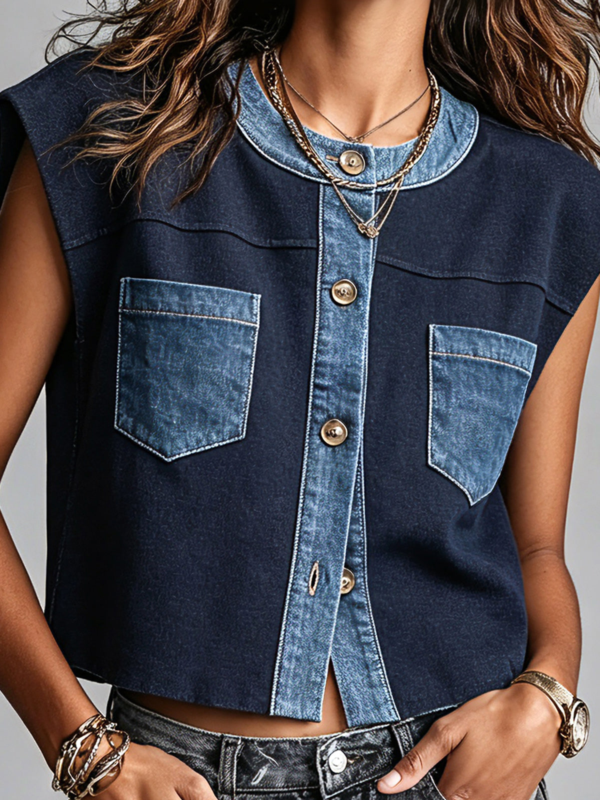 Chic Casual Navy Cotton Blend Round-Neck Sleeveless Single-Breasted Blue Denim Patch Pockets Detail Loose-Fit Vest