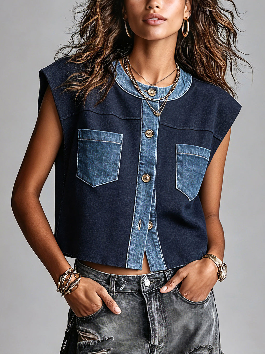 Chic Casual Navy Cotton Blend Round-Neck Sleeveless Single-Breasted Blue Denim Patch Pockets Detail Loose-Fit Vest