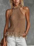 Chic Casual Camel Halter-Neck Sleeveless Fringe Detail Slim-Fit Soft Knit Tank Top