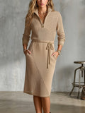 Chic Casual Camel Zipper-Up Stand Collar Long-Sleeve Tie-Waist Mesh Detail Loose-Fit Knit Midi Dress