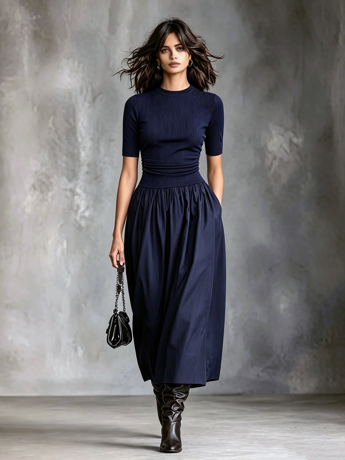 Chic Casual Navy Blue Knit Round-Neck Short-Sleeve Pleats Detail Cotton Blend A-Line Patchwork Midi Dress