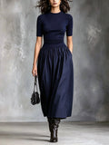 Chic Casual Navy Blue Knit Round-Neck Short-Sleeve Pleats Detail Cotton Blend A-Line Patchwork Midi Dress