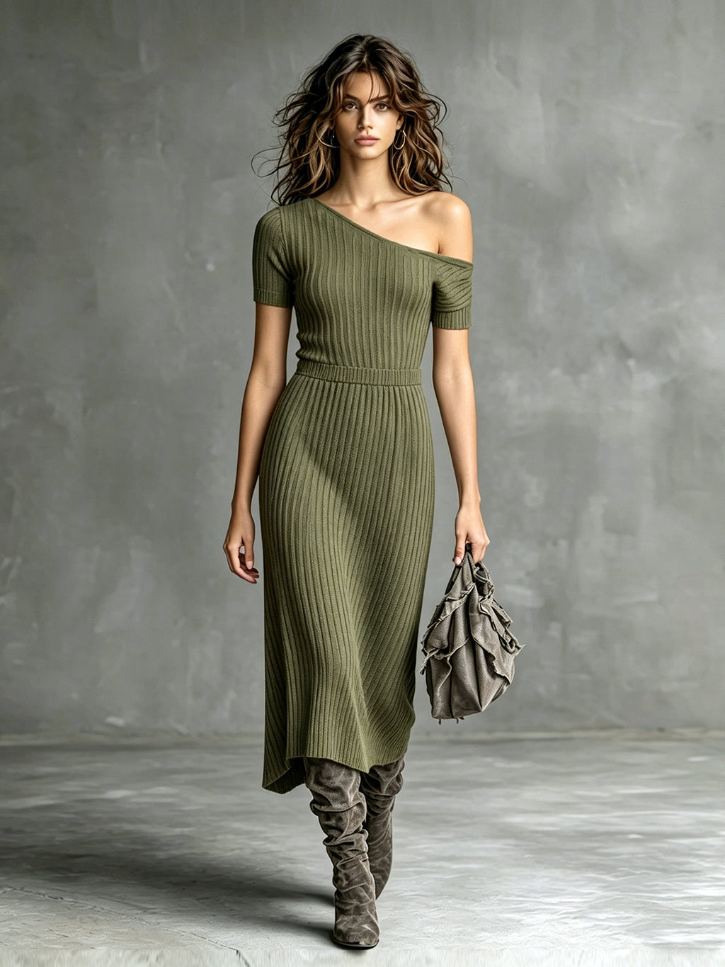 Chic Casual Army Green One-Shoulder Short-Sleeve Tailored-Waist A-Line Ribbed Knit Midi Dress