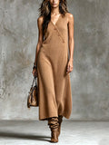 Chic Elegant Camel V-Neck Asymmetrical Button-Front Sleeveless Tailored A-Line Soft Ribbed Knit Maxi Dress