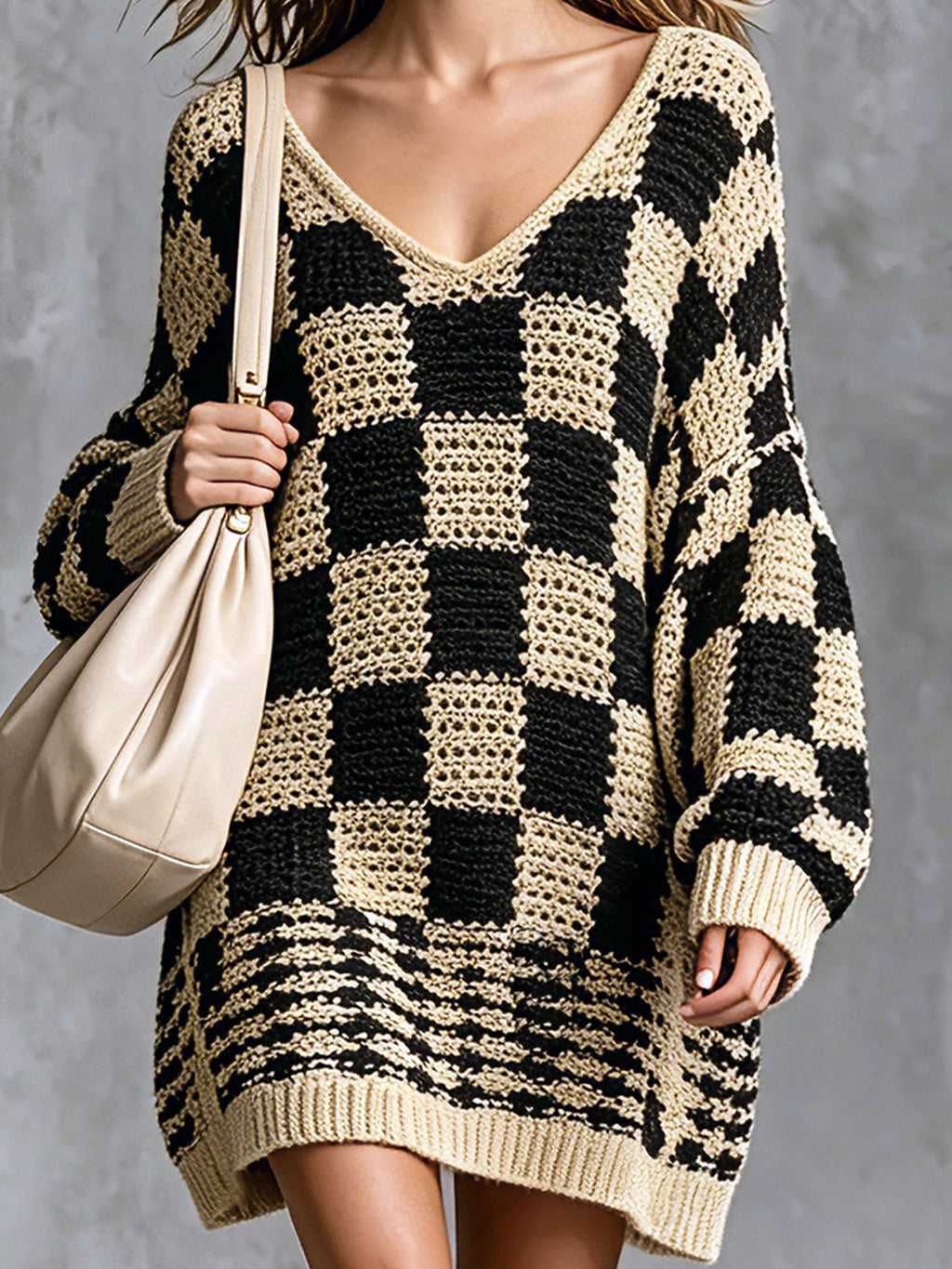 Chic Elegant Beige-Black Colorblock Plaids V-Neck Dropped Shoulder Lantern-Sleeve Oversize A-Line Knit Mini Dress