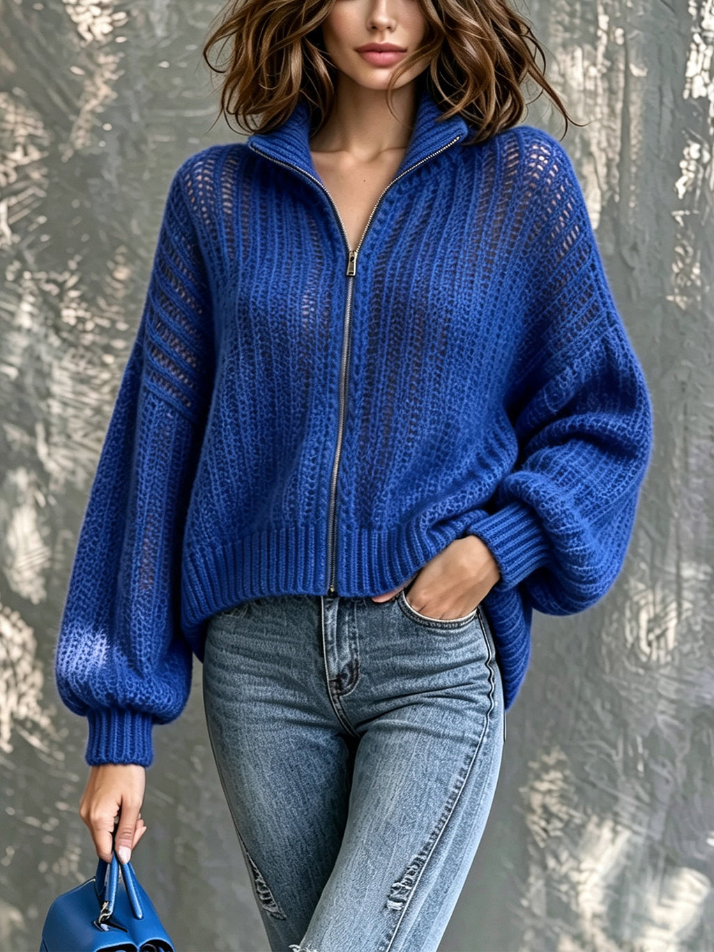 Chic Casual Royal Blue Stand Collar Zipper-Placket Dropped Shoulder Long-Sleeve Loose-Fit Soft Knit Cardigan