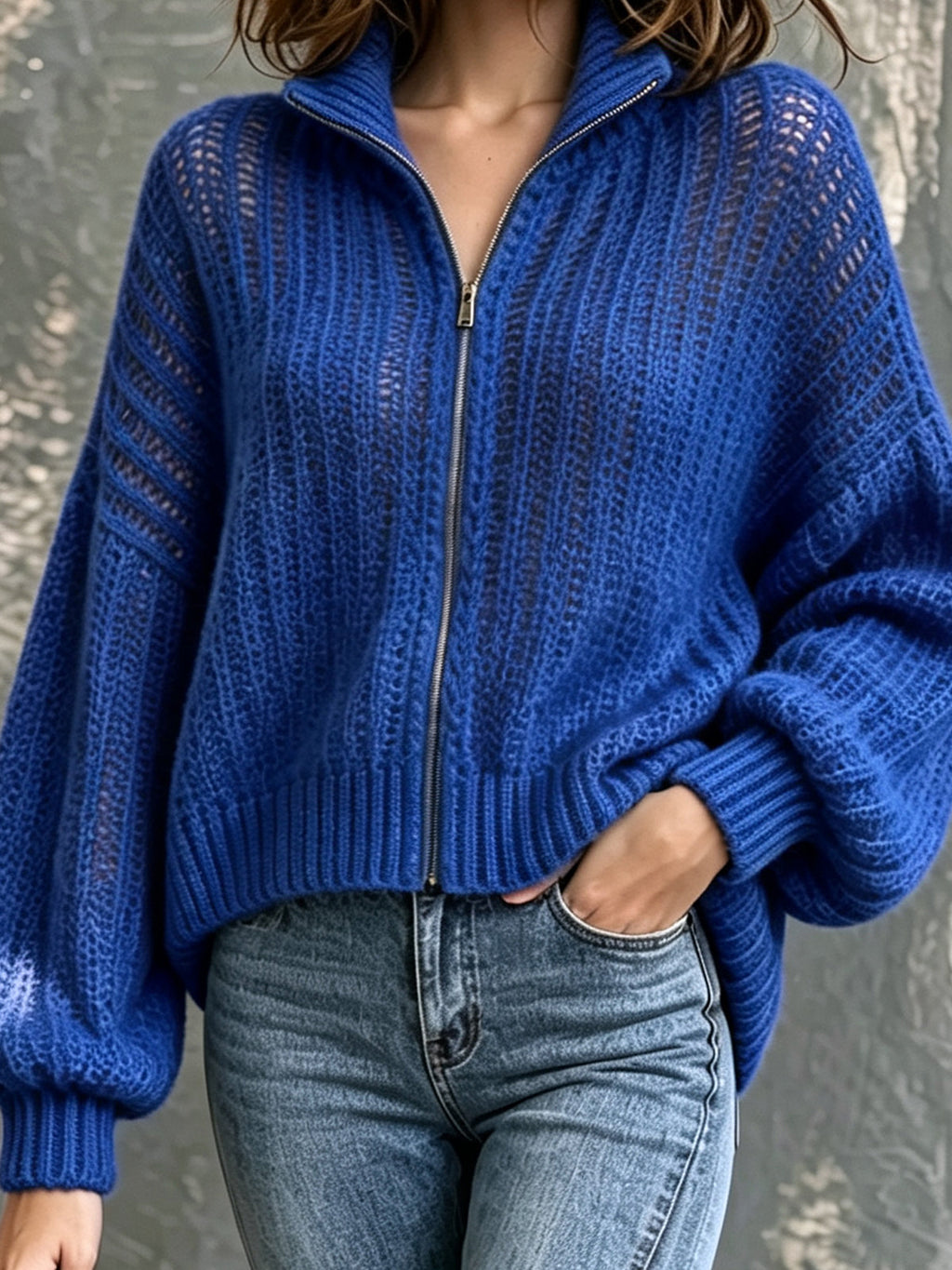 Chic Casual Royal Blue Stand Collar Zipper-Placket Dropped Shoulder Long-Sleeve Loose-Fit Soft Knit Cardigan