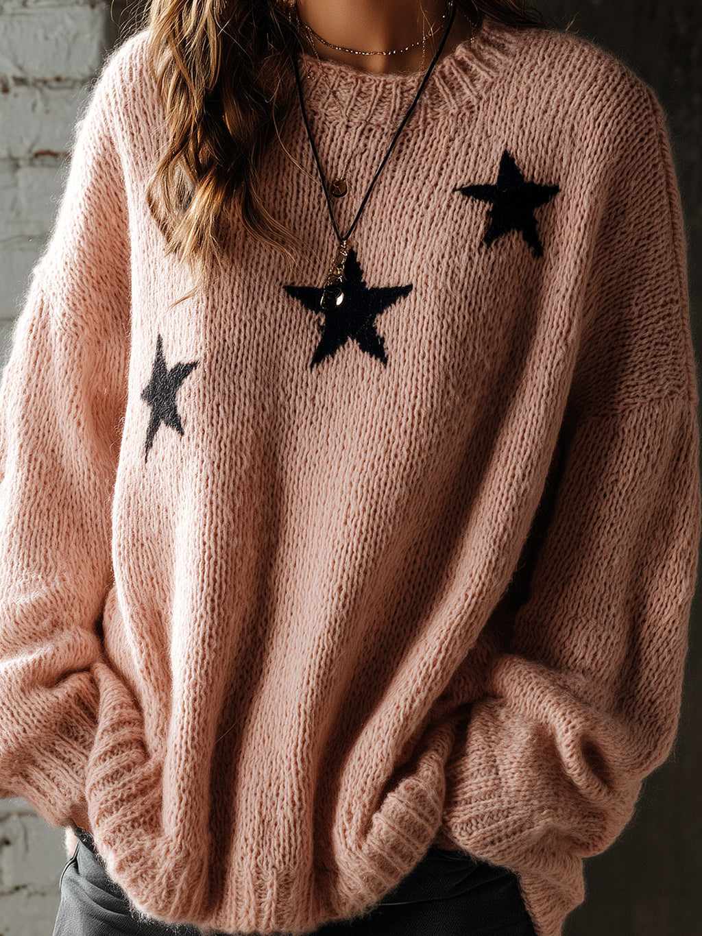 Chic Casual Pink Round-Neck Dropped Shoulder Long-Sleeve Star Jacquard Loose-Fit Soft Knit Sweater