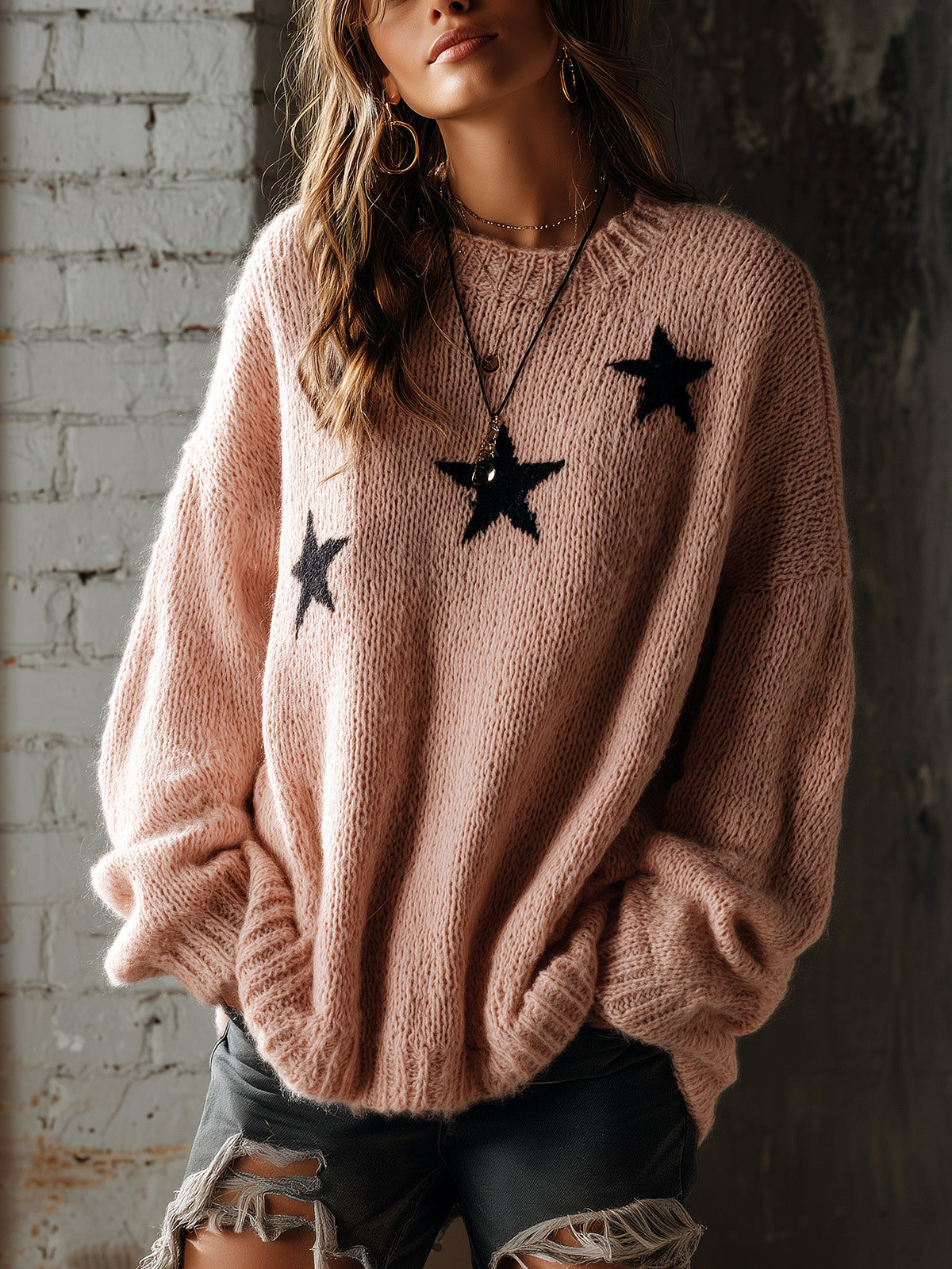 Chic Casual Pink Round-Neck Dropped Shoulder Long-Sleeve Star Jacquard Loose-Fit Soft Knit Sweater