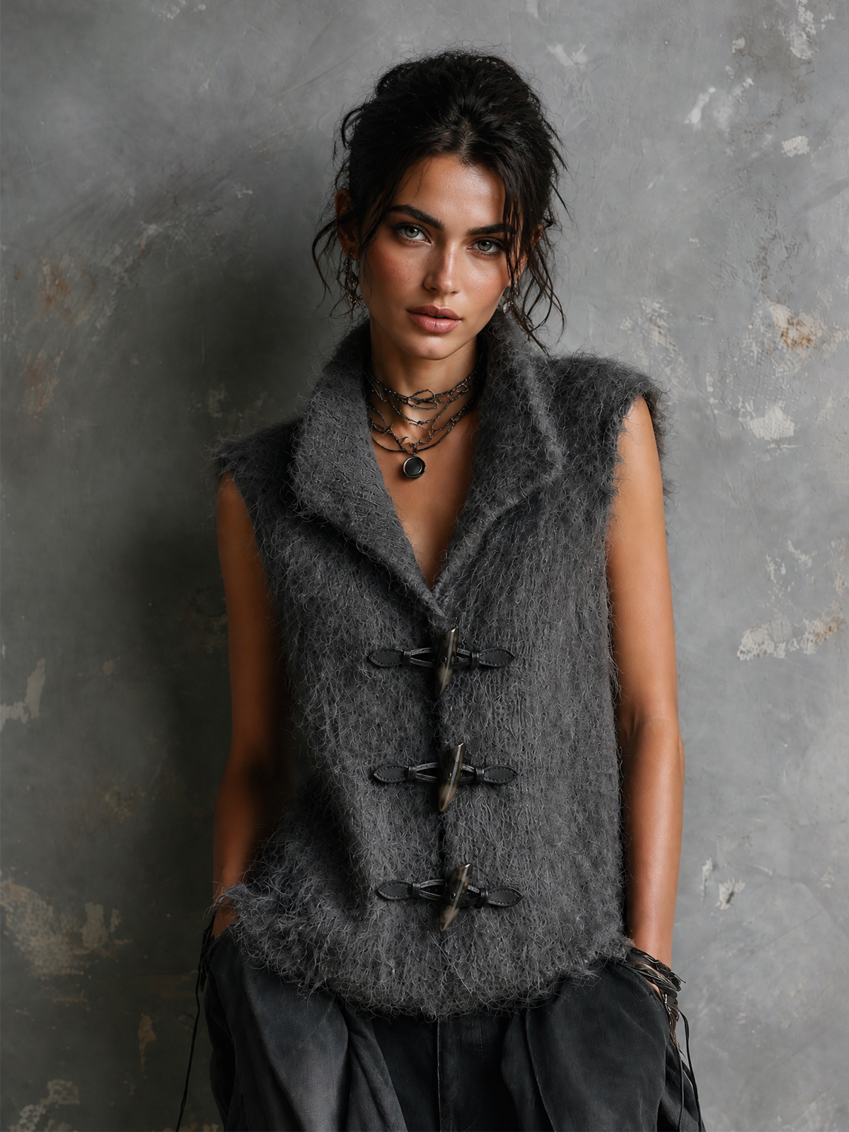Chic Casual Dark Gray Lapel-Collar Sleeveless Horn Toggle Button Detail Loose-Fit Fuzzy Knit Vest Top