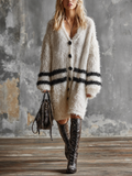 Chic Elegant Off-White V-Neck Single-Breasted Contrast Stripes Long-Sleeve Loose-Fit Fuzzy Knit Midi Dress
